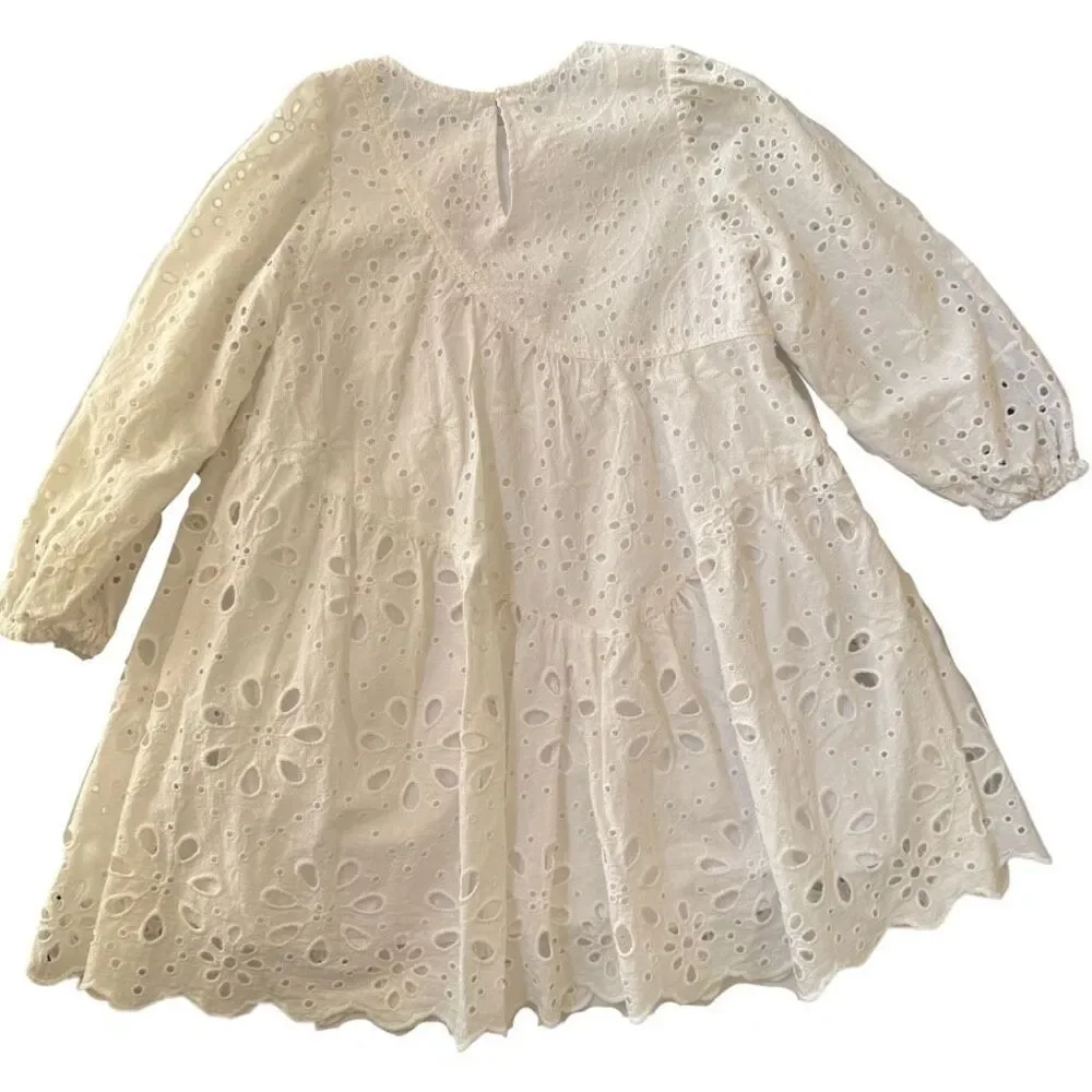 Zara little girls Swedish embroidered asymmetrical eyelet white cotton knee leng